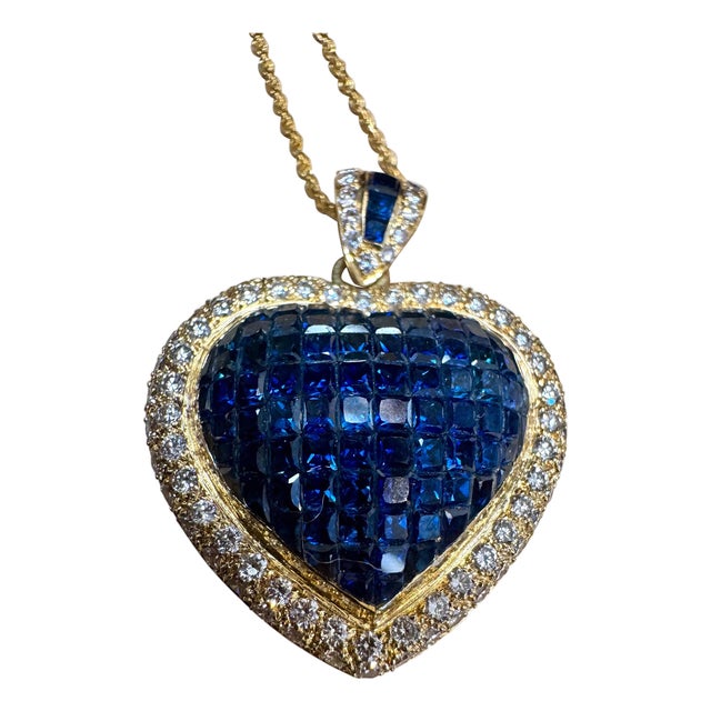 Invisible Mystery Set Sapphire and Diamond Heart Pendant 18 Karat Yellow Gold For Sale