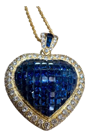 Invisible Mystery Set Sapphire and Diamond Heart Pendant 18 Karat Yellow Gold
