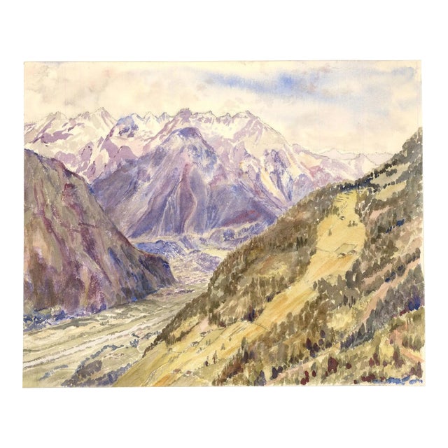1980s Original Mountainous Landscape Watercolor Painting For Sale