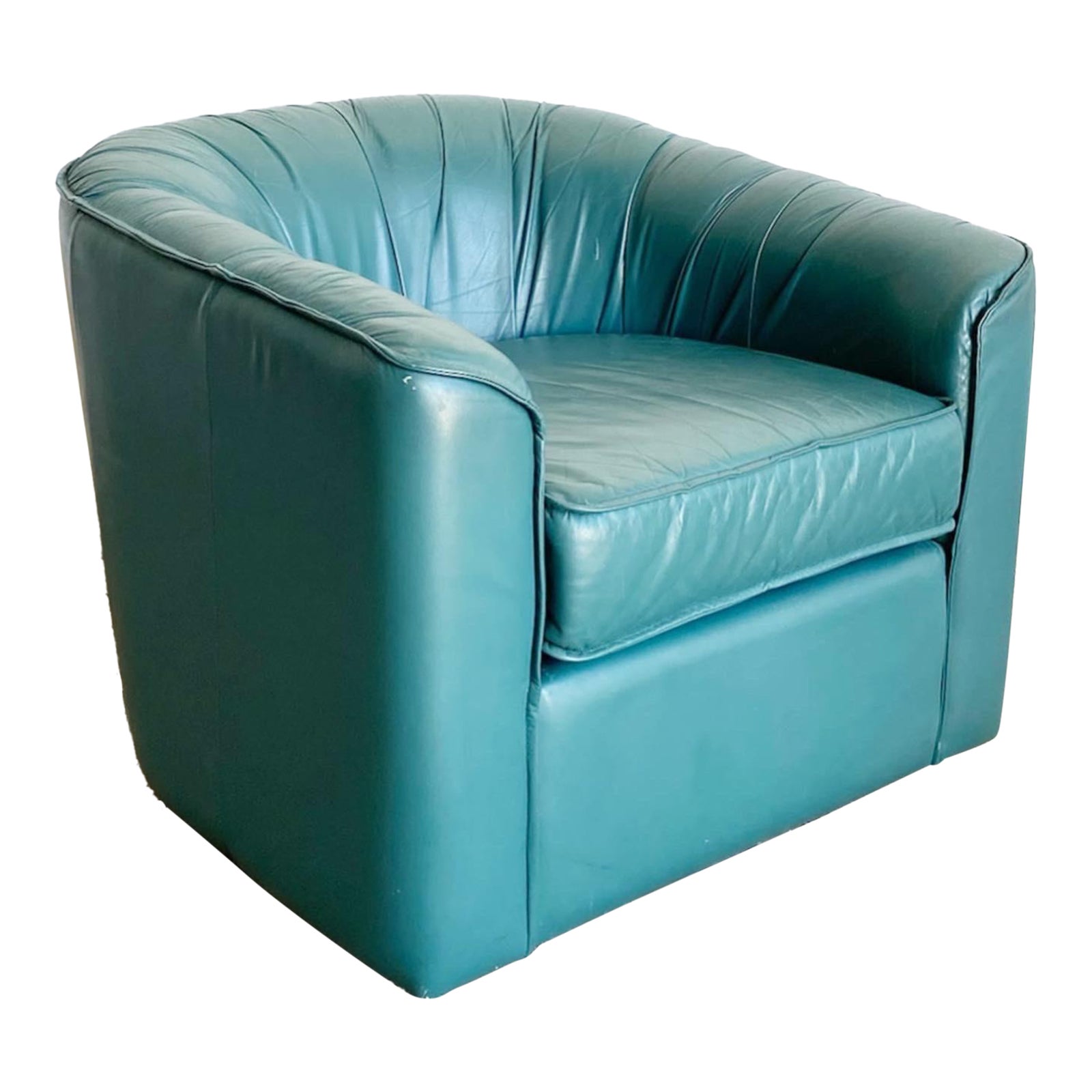 Postmodern Teal Leather Swivel Barrell Chair Chairish