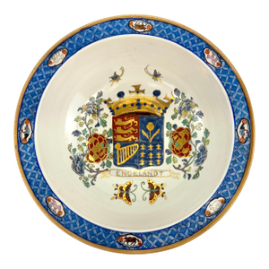 Large Vintage Hand-Painted English Armorial Porcelain Bowl With Gilt Decoration