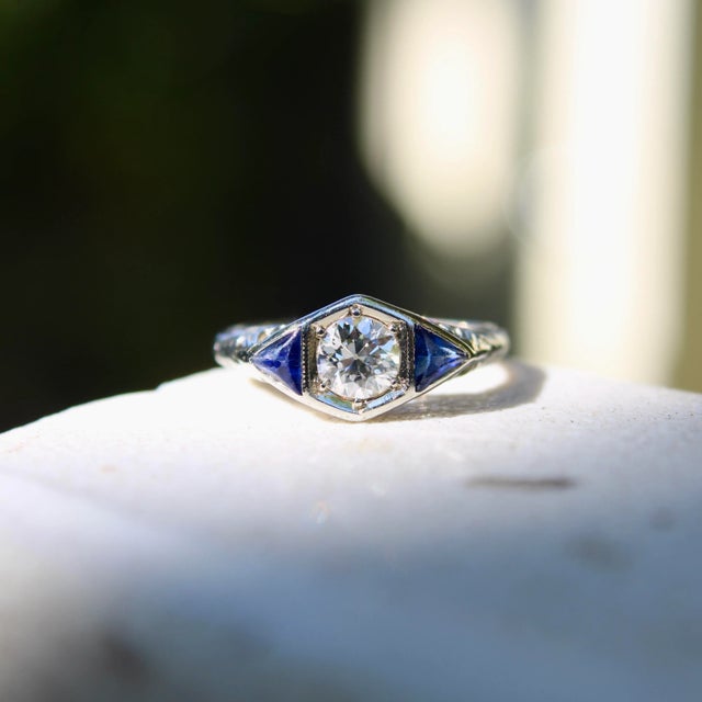 Art Deco 14k White Gold Diamond and Sapphire Ring, Size 4.5 For Sale - Image 10 of 10