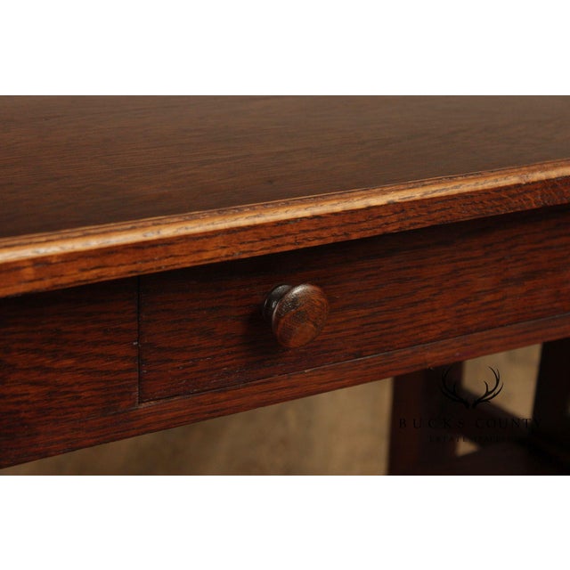 1910s Antique Mission Oak Arts & Crafts Writing Desk With Drawer And Cutout Sides For Sale - Image 5 of 18