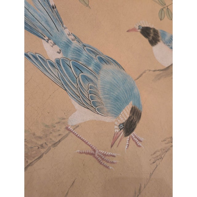 Beautiful large-scale Chinoiserie-style painted panel featuring delicate birds perched among bamboo, florals, and a serene...