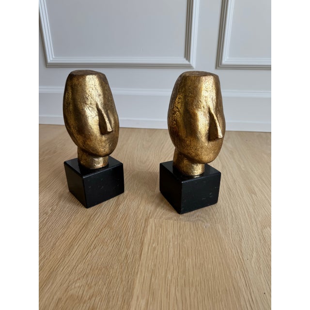 Pair of Villa & House Alberto Statues / Sculptural Bookends | Cycladic-Inspired Gold Leaf Metal on Black Marble Bases, Heavy For Sale - Image 9 of 9