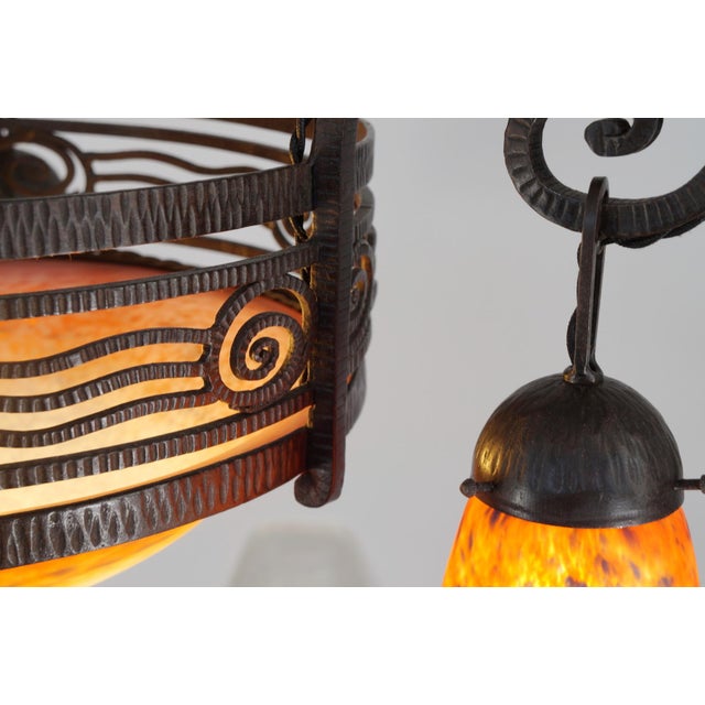 H. Fournet & Charles Schneider French Art Deco Chandelier 1920s - Orange Mottled Glass & Wrought Iron For Sale - Image 6 of 12