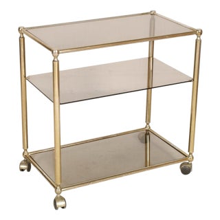 Italian Brass and Smoked Glass 3-Tier Bar Cart, 1970s For Sale