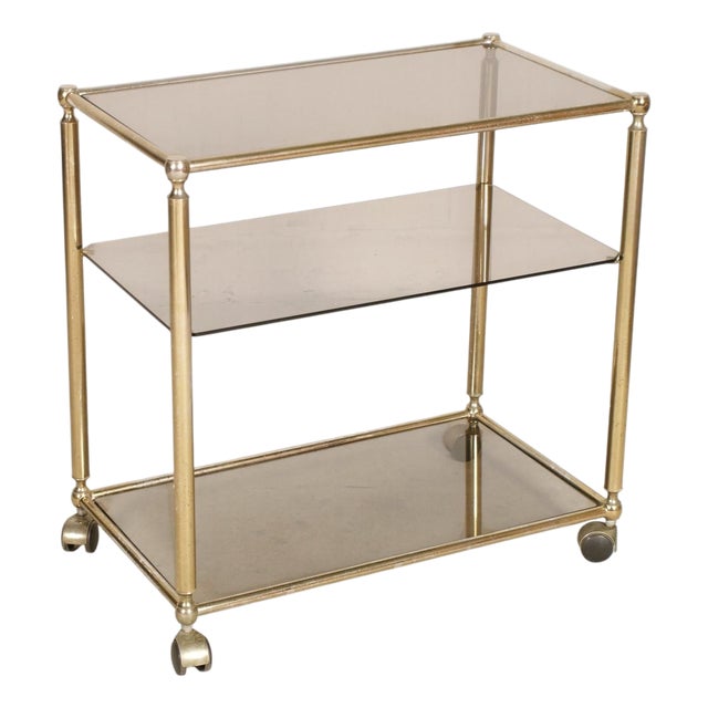 Italian Brass and Smoked Glass 3-Tier Bar Cart, 1970s For Sale