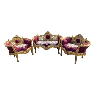 1980 French Louis XVI Gold Velvet Beech Sofa Set 3Pc For Sale