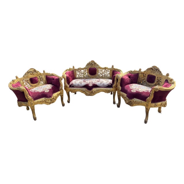 1980 French Louis XVI Gold Velvet Beech Sofa Set 3Pc For Sale