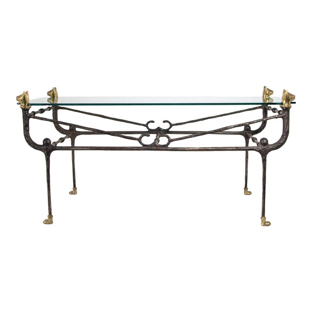 Giacometti Style Sculptural Brutalist Iron and Glass Console Table With Cat Head For Sale