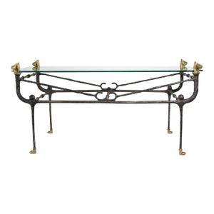 Giacometti Style Sculptural Brutalist Iron and Glass Console Table With Cat Head