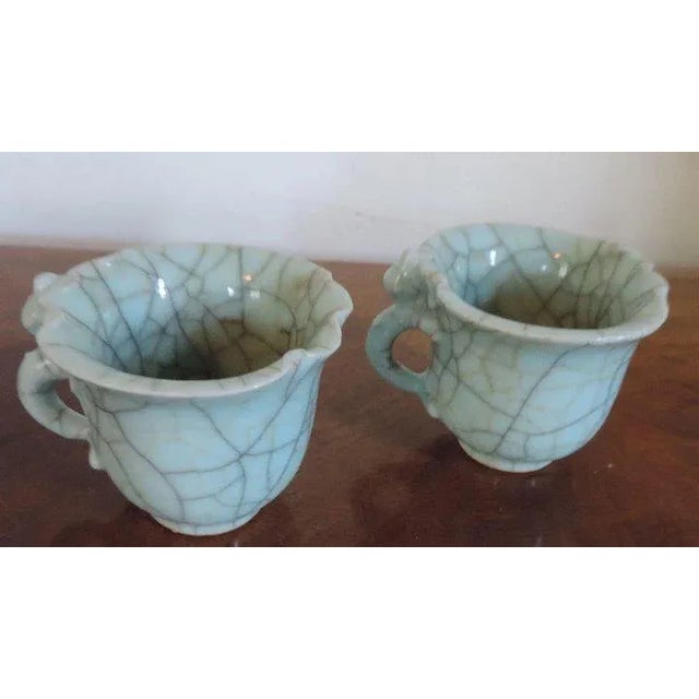 19th Century 19th Century Chinese Porcelain Ge Ware Celadon Crackle Glaze Foliate Libation Wine Cups - A Pair For Sale - Image 5 of 11