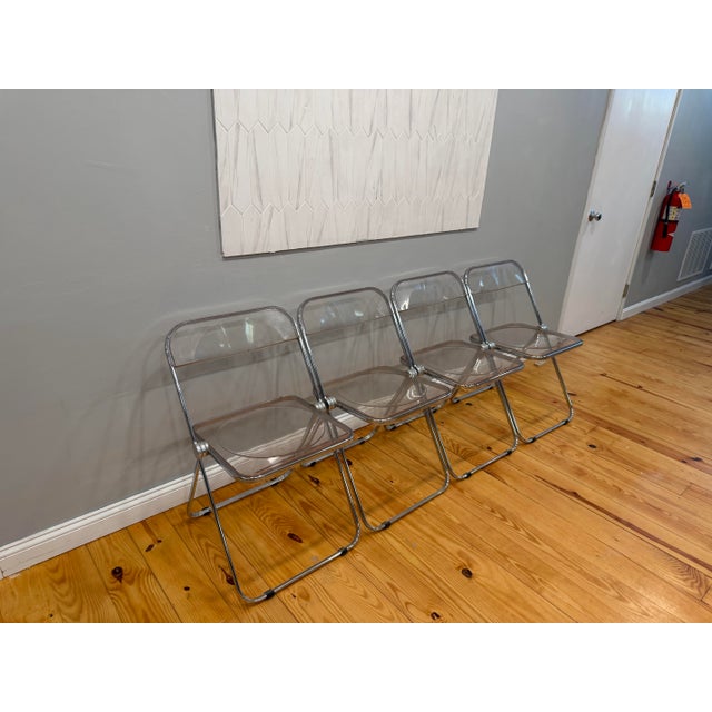 Mid-Century Modern Vintage Castelli Italy Chrome & Glass Dining Set – 4 Piretti Style Lucite Chairs For Sale - Image 3 of 11