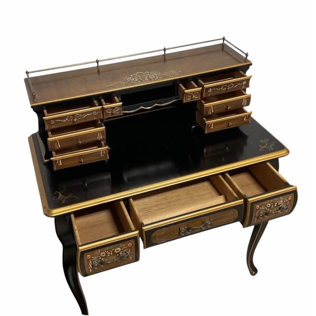 Early 20th Century Early 20th Century Chinoiserie-Style Black Lacquer Harpsichord Desk and Matching Cane Back Chair. For Sale - Image 5 of 9
