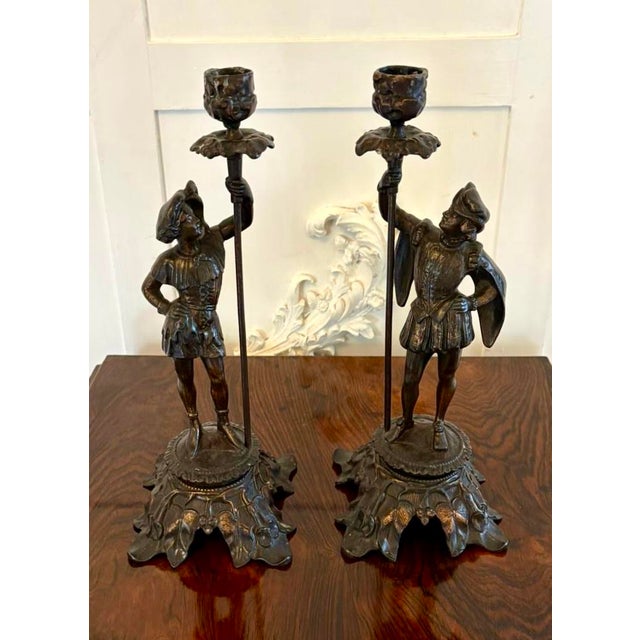 Antique French Victorian Figural Spelter Candlesticks with Soldiers, 1880, Set of 2 For Sale - Image 9 of 9