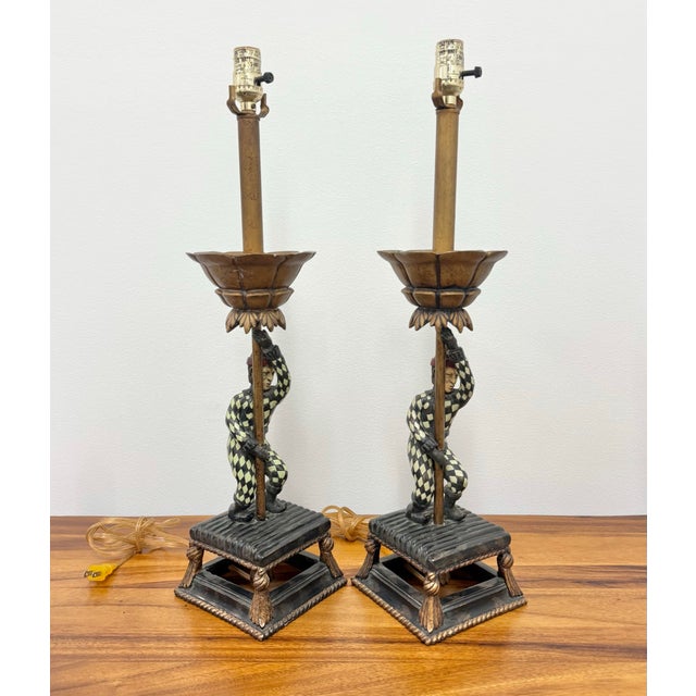 Wood Vintage Polychrome Jester Table Lamps - Pair For Sale - Image 7 of 7