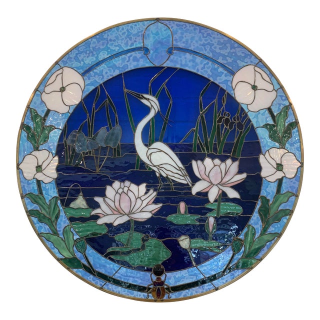 Large Vintage Stained Glass Art, Crane and Lotus For Sale