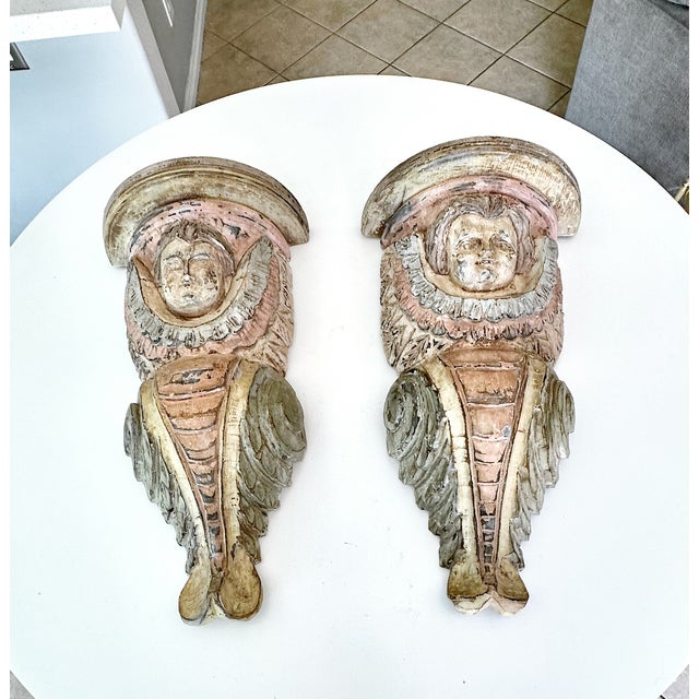 Pair Spanish Colonial Wood Polychrome Cherub Corbel Wall Brackets For Sale - Image 17 of 17
