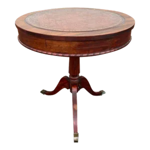 Mid 20th Century Vintage Duncan Phyfe Style Mahogany Pedestal Side Round Leather Top Drum Table