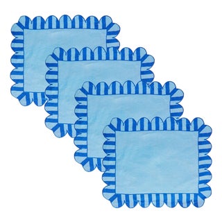 Misette Jardin Embroidered Single-Sided Linen Scalloped Stripe Placemats in Blue, Set of 4 For Sale