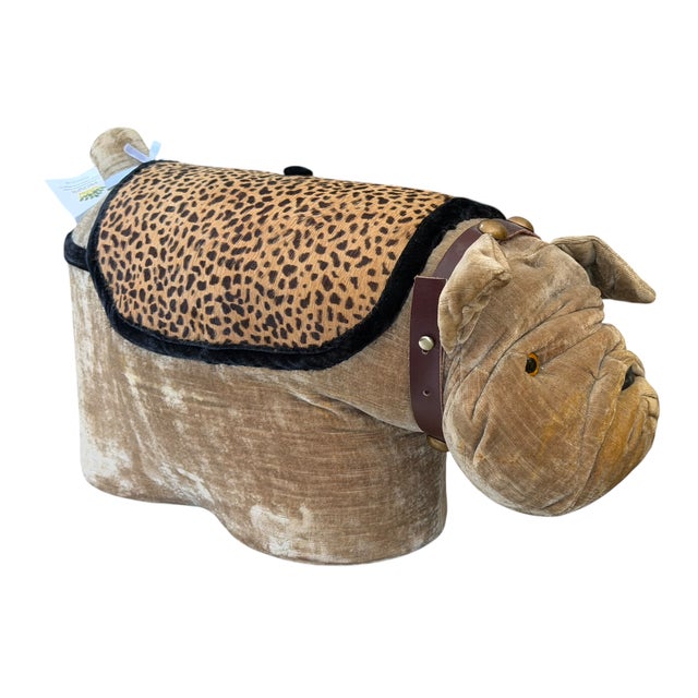 American Vintage Velvet & Leather Bulldog Footstool Ottoman For Sale - Image 3 of 5