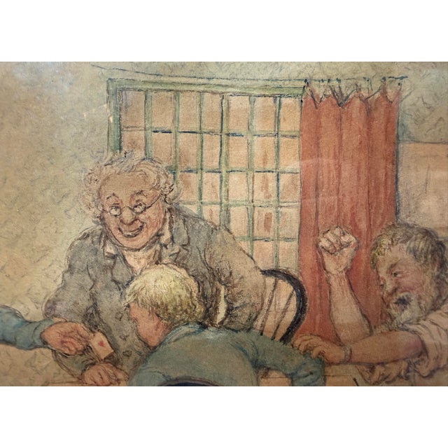 Antique 19th Century Original Men Playing Cards at Table Watercolor Painting For Sale - Image 11 of 12