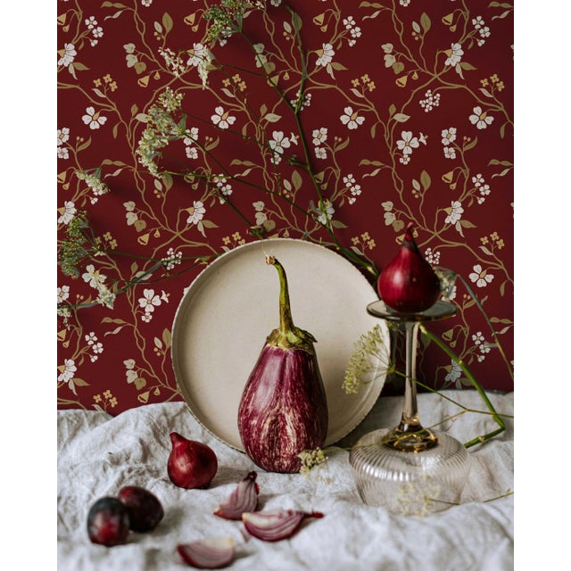 Contemporary Lunaria Vine Wallpaper in Tuscan Merlot — Traditional, Made to Order For Sale - Image 3 of 4