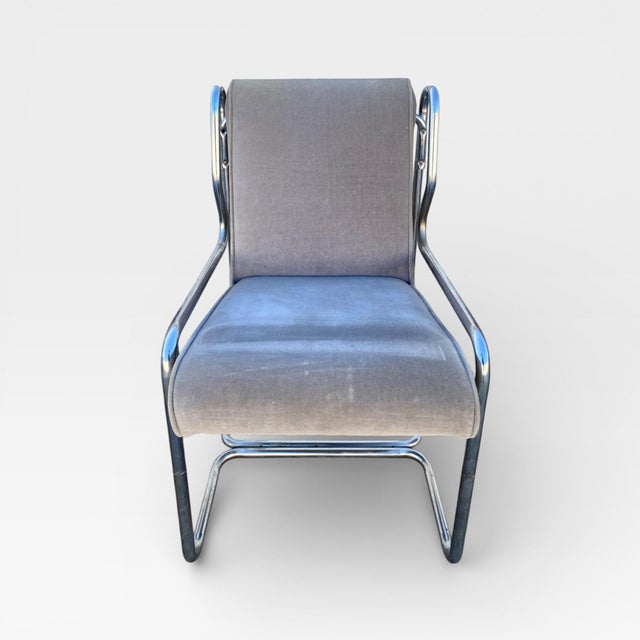 Set of Six 1980s Chrome Cantilever Dining Chairs in Gray Velvet For Sale - Image 12 of 13