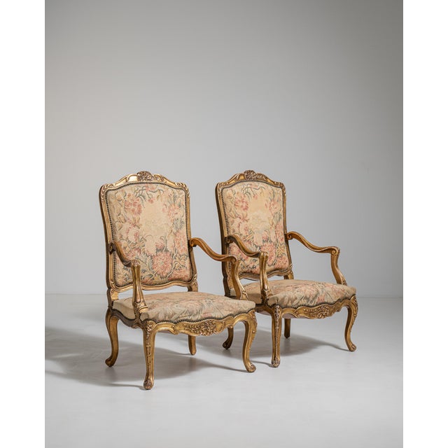 Wood Pair of Louis XV Giltwood Armchairs with Tapestry Upholstery, Rococo Style, France, 19th Century For Sale - Image 7 of 12