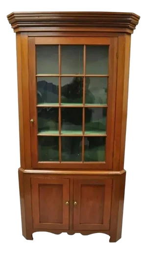 Antique Primitive Colonial Cherry Wood Wavy Glass Corner Cupboard China Cabinet