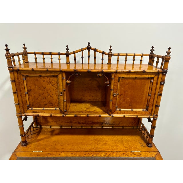 Late 20th Century Aesthetic Movement Faux Bamboo Bird's-Eye Maple Secretary Desk & Original Chair Attributed to r.j. Horner For Sale - Image 11 of 17