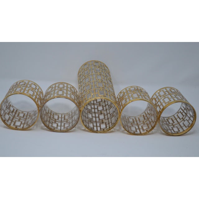 1960s Imperial Glass Shoji Trellis 22 Carat Gold Plated Bud Vase Cocktail Glasses Mixer Set - Set of 5 For Sale - Image 4 of 12