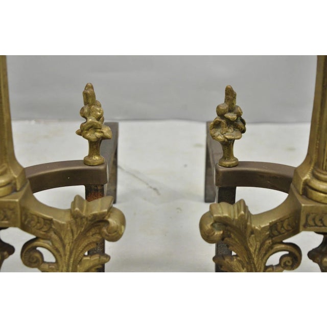 Antique French Empire Style Bronze Corinthian Column Fireplace Andirons - A Pair For Sale - Image 9 of 14