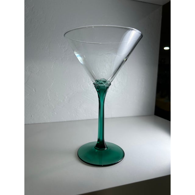 Minimalism 1970’s Vintage Green Stemmed Glasses, 2 Wine and 2 Martini Glasses - Set of 4 For Sale - Image 3 of 8