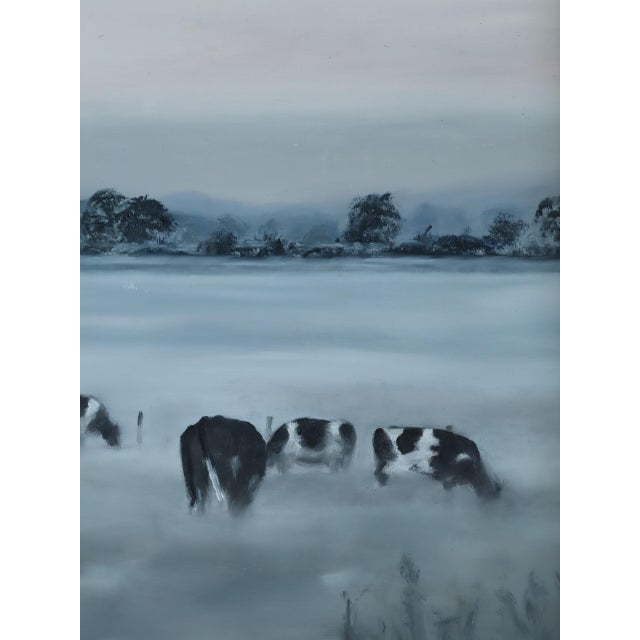 Modernist 'Friesians in the Mist' Vintage Original Landscape Oil Painting, Framed For Sale - Image 9 of 13