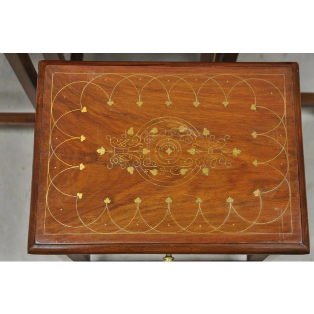 Early 20th Century Antique Anglo Indian Brass Marquetry Inlay Nesting Side End Tables - Set of 4 For Sale - Image 5 of 12