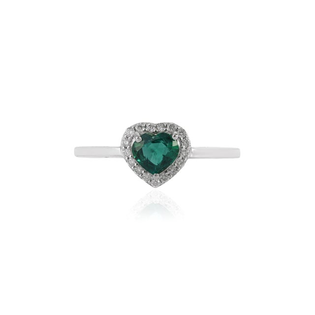 Art Deco Heart Cut Emerald & Diamond Promise Ring Size 7 in 18k White Gold For Sale - Image 4 of 16