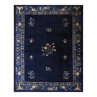 1920s Blue Navy Vase Floral Antique Chinese Peking Carpet Knotted Wool Deco Rug For Sale