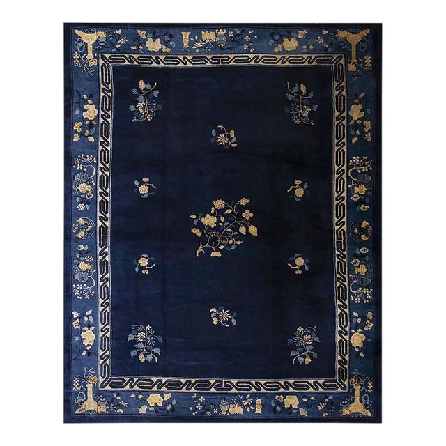 1920s Blue Navy Vase Floral Antique Chinese Peking Carpet Knotted Wool Deco Rug For Sale