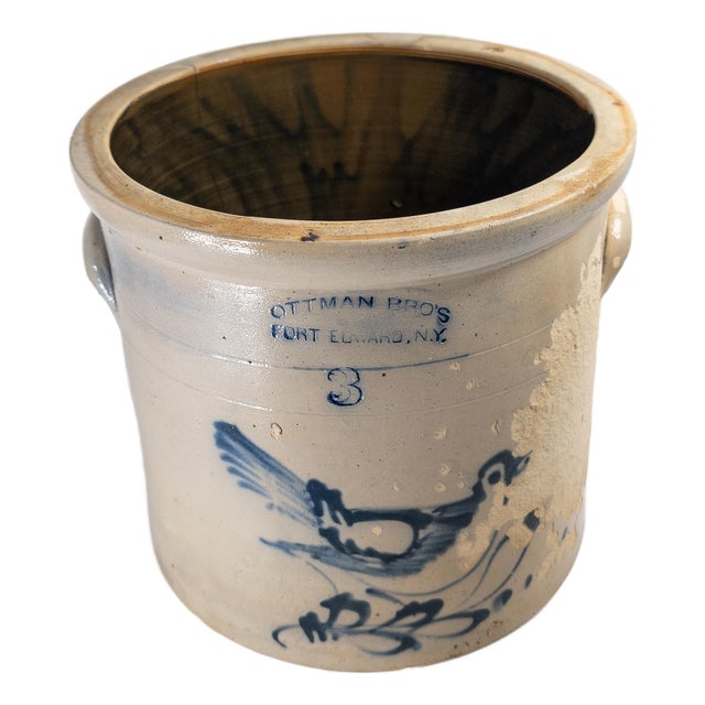 19th Century Blue and White Stoneware Crock With Bird by Ottman Brothers, Damaged For Sale
