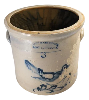 19th Century Blue and White Stoneware Crock With Bird by Ottman Brothers, Damaged