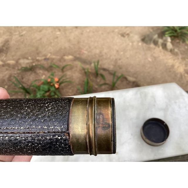Gold Rare Antique French Leather Wrapped Brass Nautical Maritime Telescope For Sale - Image 8 of 15