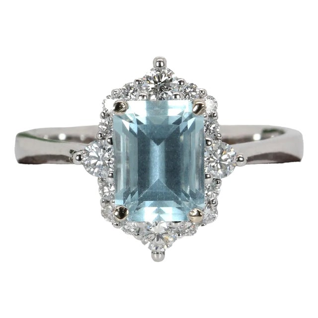 1.5ct Aquamarine Ring W Natural Diamond Halo in 14k Gold, Size 6.75 For Sale