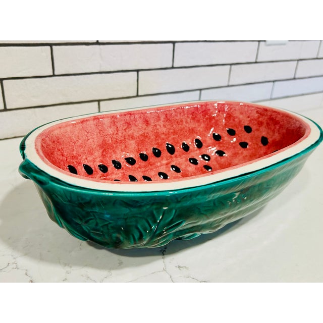 Mid-Century Modern Vintage Watermelon Glazed Pottery Serving Bowl - Green Red Oval Bowl For Sale - Image 3 of 11
