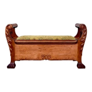 Antique White Oak Storage Bench, Hand-Carved, 19th C., Usa For Sale