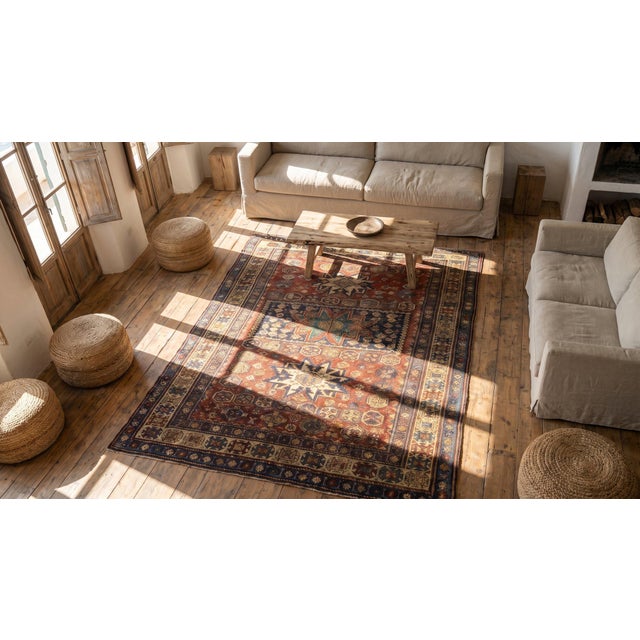 Textile 1930s Red Geometric Tribal Antique Caucasian Shirvan Rug 3' 9" X 5' 9" Handknotted Wool Carpet For Sale - Image 7 of 8