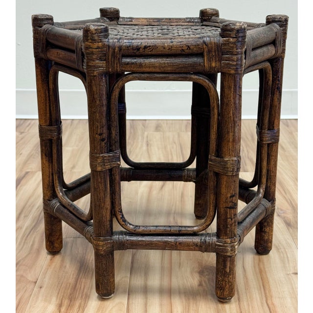 Gorgeous vintage hexagonal burnt tortoise shell finish rattan low side table or drink table with basketweave top. Rich...