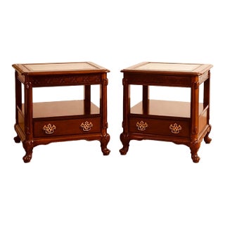 Pair of Vintage Bassett Glass Top Cherry End Tables With Drawers For Sale