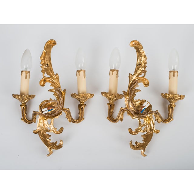 Metal 1950s Spanish Rococo Gilt Brass 2-Light Wall Sconces - A Symmetrical Pair For Sale - Image 7 of 9